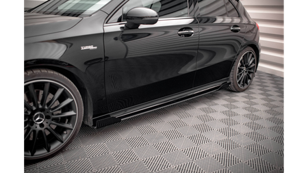 Street Pro Side Skirts Diffusers + Flaps Mercedes A35 AMG / AMG-Line Aero Pack W177 Black-Red + Gloss Flaps
