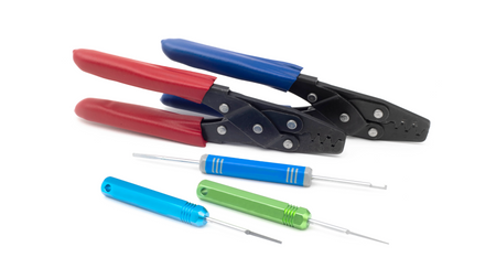 Set of two crimping tools along with 3 pin removal tools