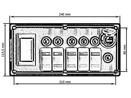 Switch panel ALU,ON-OFFx5, 1xZ, BA 3x5A 2x10A 1x15A IP68